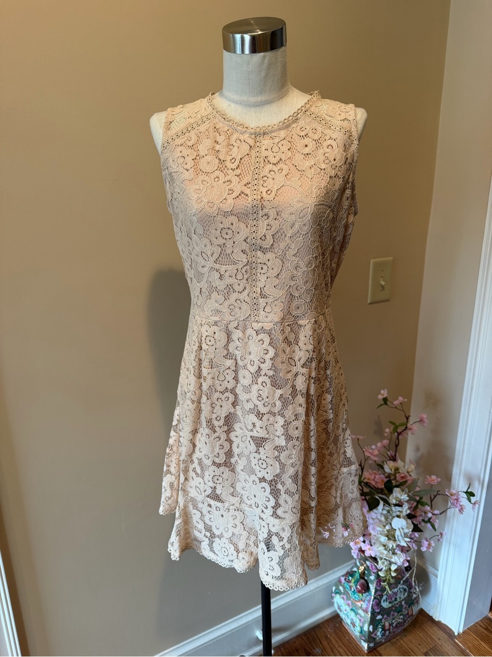 Francesca's Collections Light Tan Floral Lace Sleeveless Fit & Flare Dress